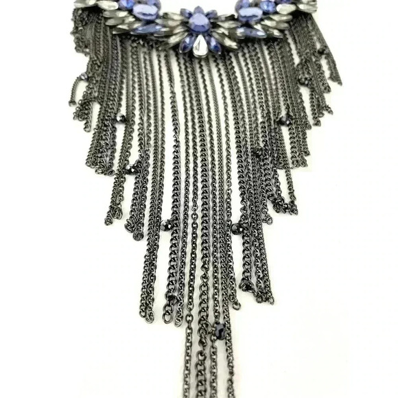 Gray Metal Rhinestone Chain Statement Necklace 13" Blue Clear Retro Boho Dangle - Picture 6 of 11